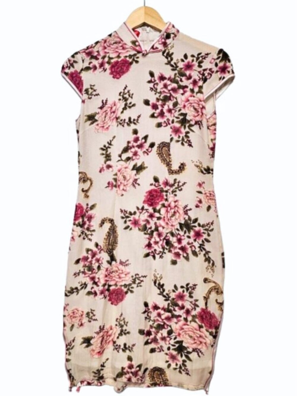 Floral Qipao Cheongsam Midi Dress Cream Mandarin Collar Cosplay Lunar New Year